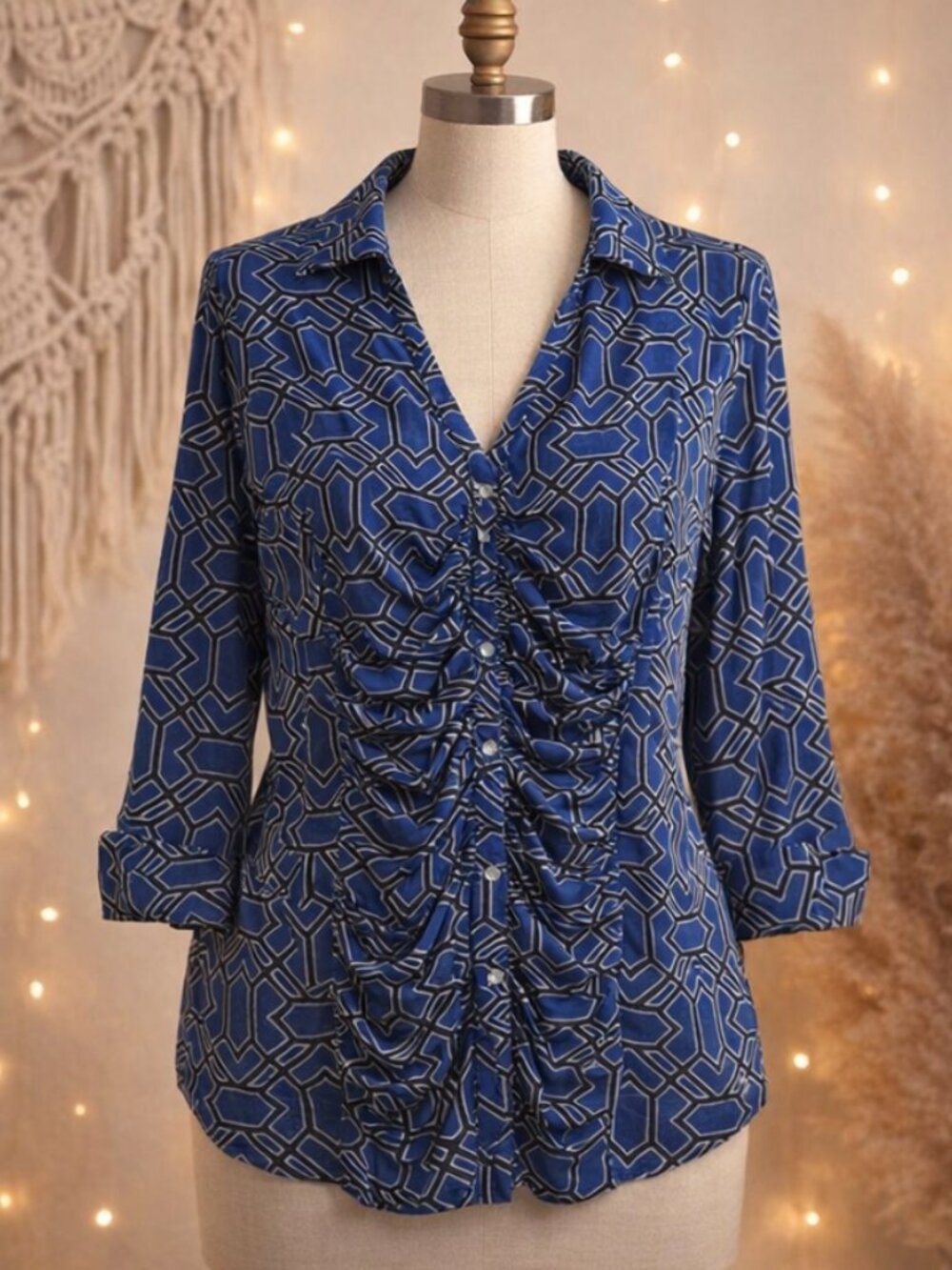 INC Blue Geometric Ruched Collared Button-Up Blouse XL Modern Workwear Boho Chic